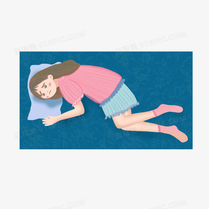 卡通手绘女孩躺着床上失眠抑郁元素