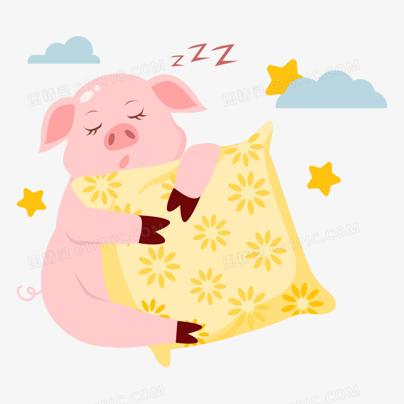 卡通睡觉猪抱枕头矢量素材