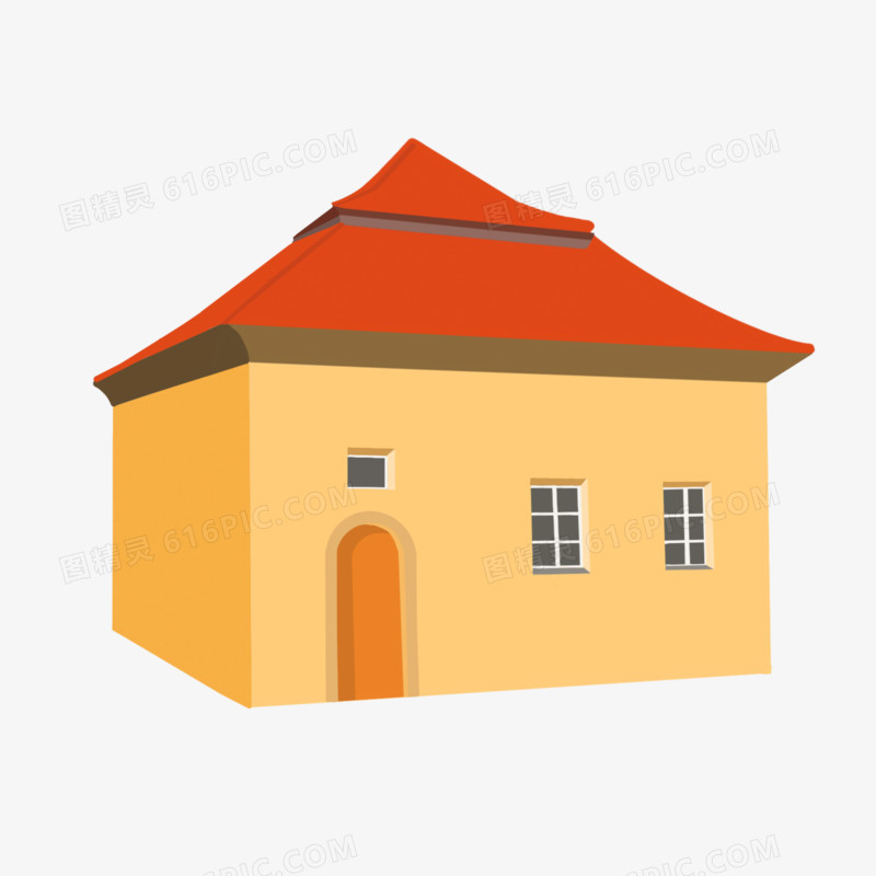 卡通手绘红屋顶黄墙小屋子素材