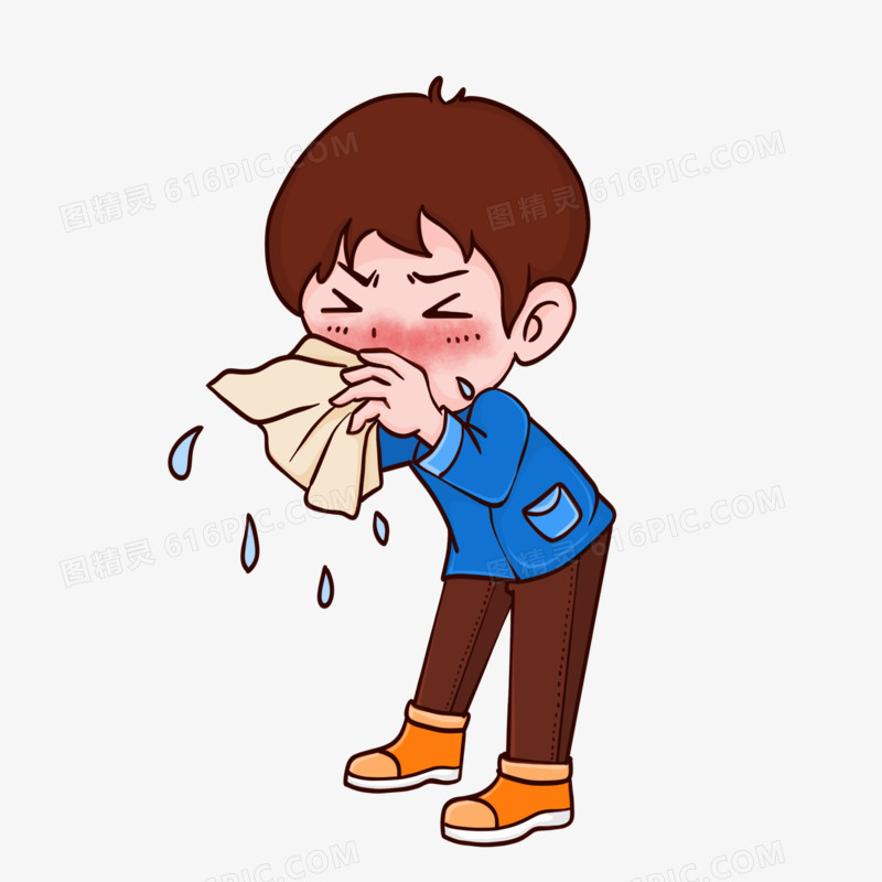 卡通男生流感打喷嚏流鼻涕元素