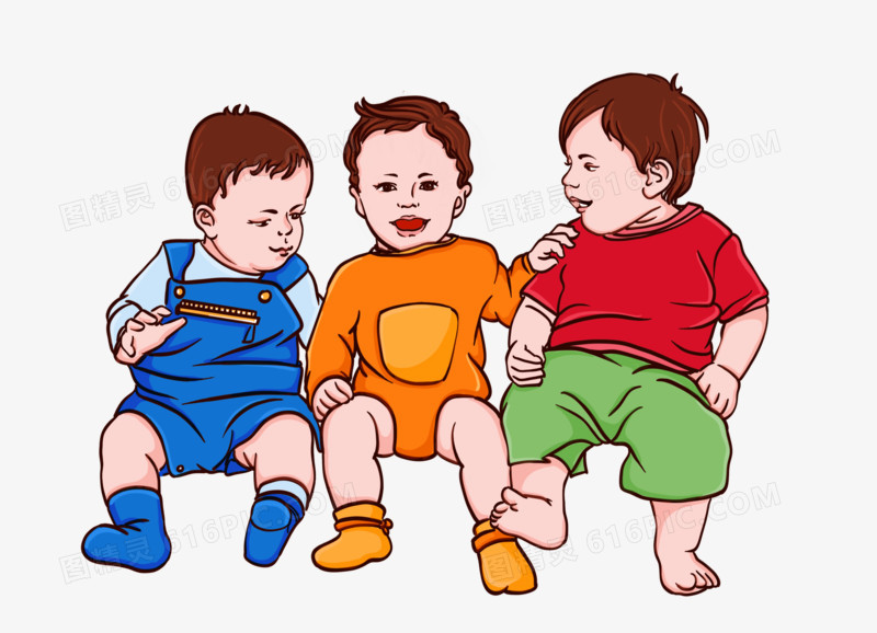 手绘卡通三个小婴儿宝宝排排坐免抠元素