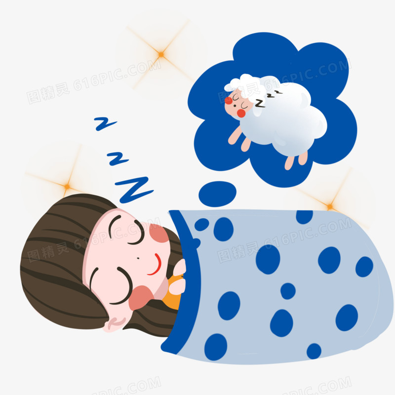 卡通手绘数羊睡着的女孩免抠元素
