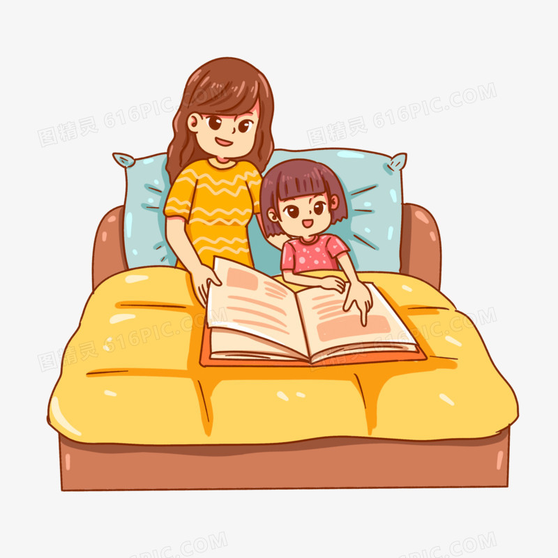 卡通手绘母女睡前阅读亲子阅读场景素材