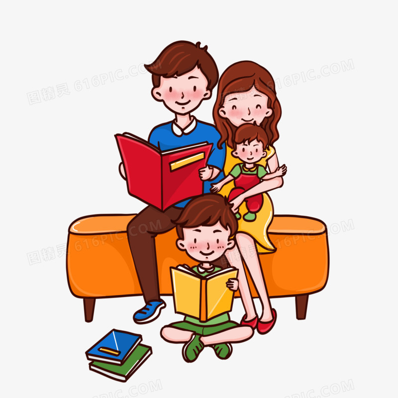 卡通手绘家庭一起休息阅读免抠元素
