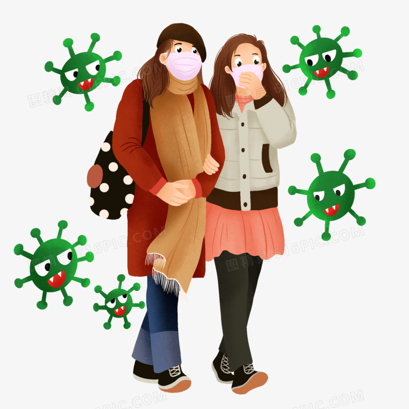 卡通手绘冬季流感预防病毒素材
