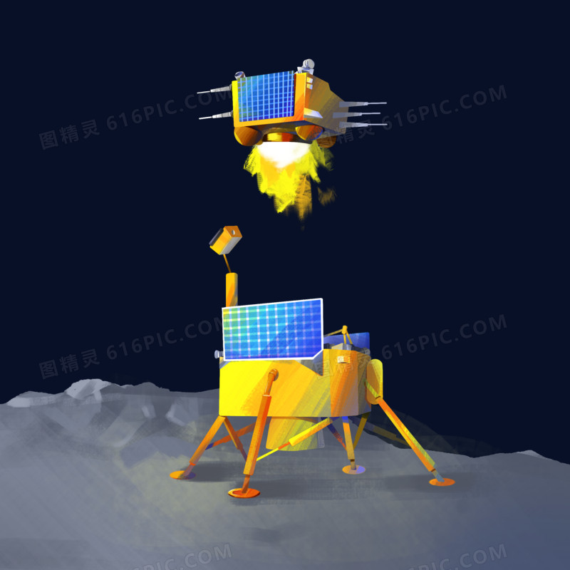 手绘卡通插画嫦娥5号上升气月面点火场景素材