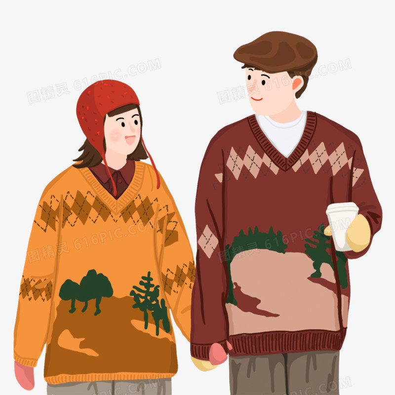 卡通手绘冬季穿毛衣的情侣免抠素材