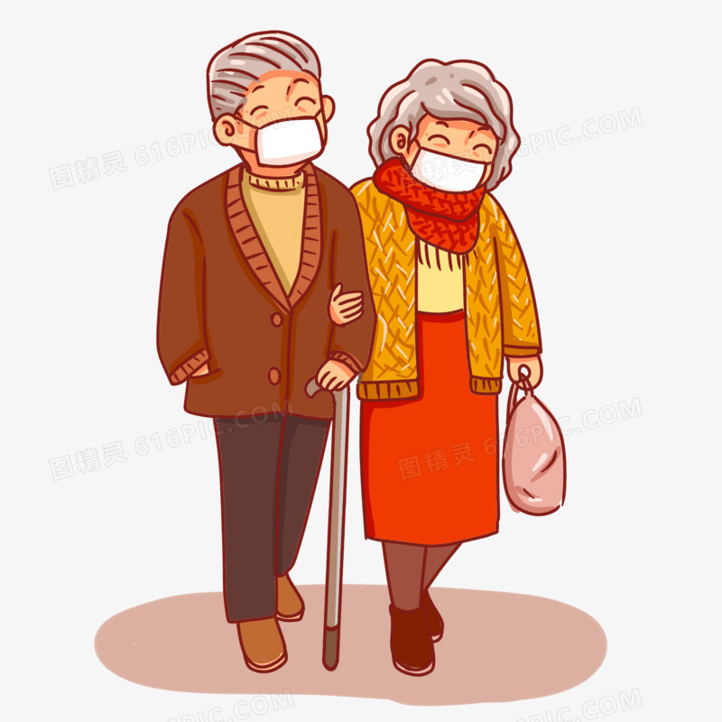 卡通手绘冬季防疫老人散步场景素材