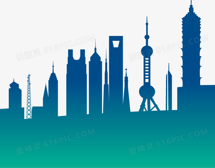 手绘蓝色上海城市大楼