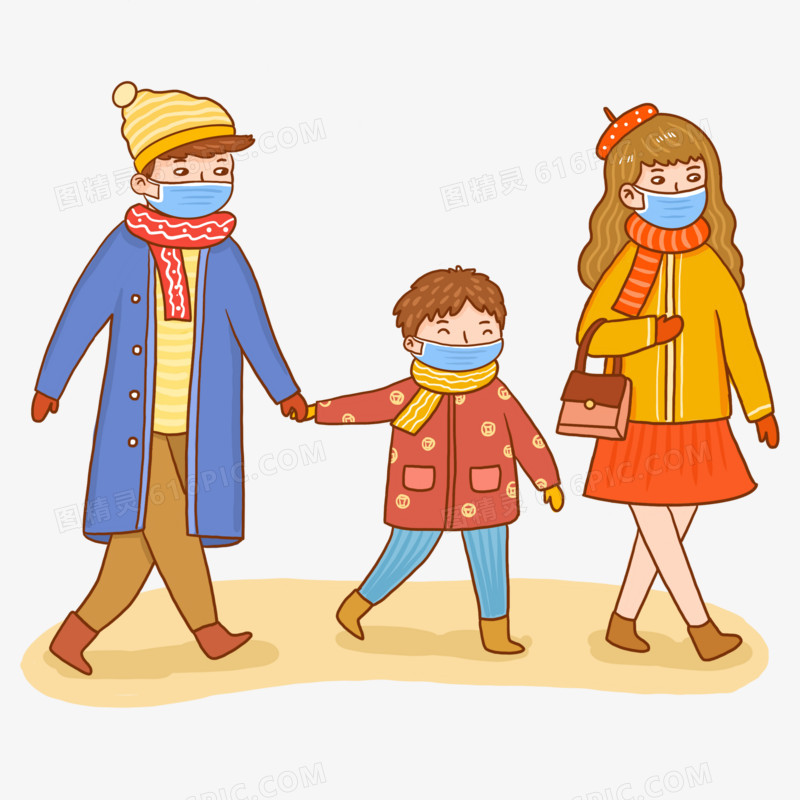 手绘卡通冬季一家人出门戴口罩插画元素