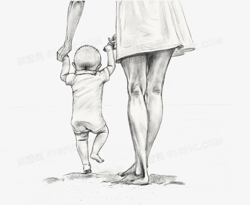 手绘素描母亲牵着孩子走路