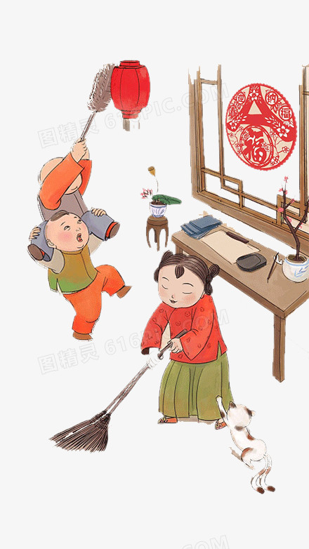 传统春节古典人物做卫生