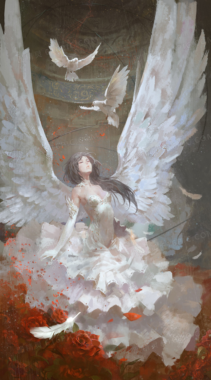 彩绘风格挥着翅膀的女孩飞舞的白鸽