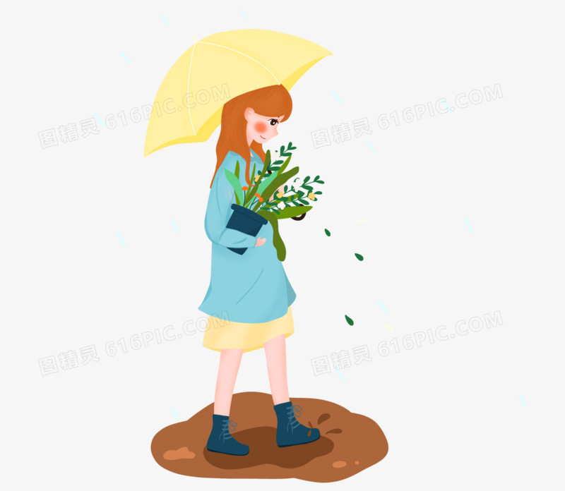 卡通手绘女孩雨天打伞踩在泥地里免抠素材