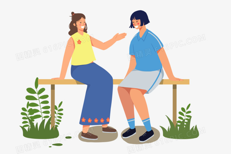 卡通手绘两女孩坐在椅子上聊天素材