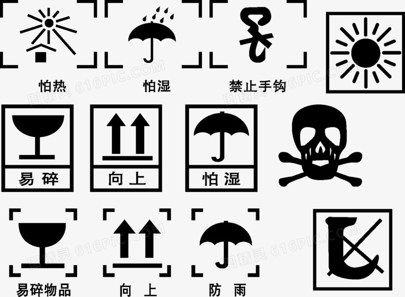 箱标识 轻放 向上 怕热 拍湿 易碎  防潮 堆码极限 小心搬运 谨防潮湿 此方向上 向上 切勿曝晒 曝晒