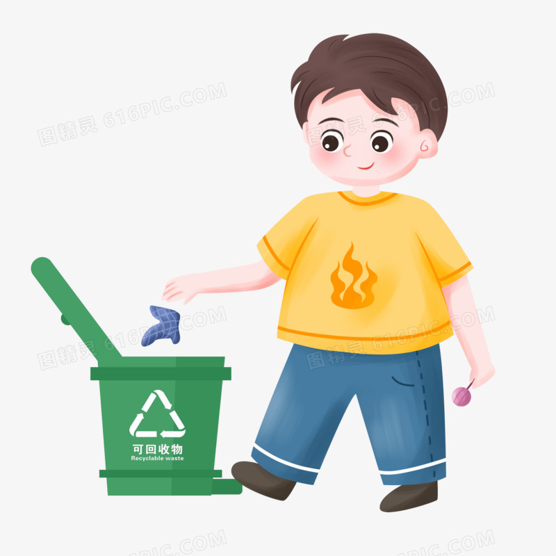 卡通手绘男孩将废塑料包装扔进可回收垃圾桶素材