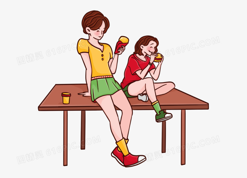 手绘卡通两个女孩聊天吃零食免抠元素