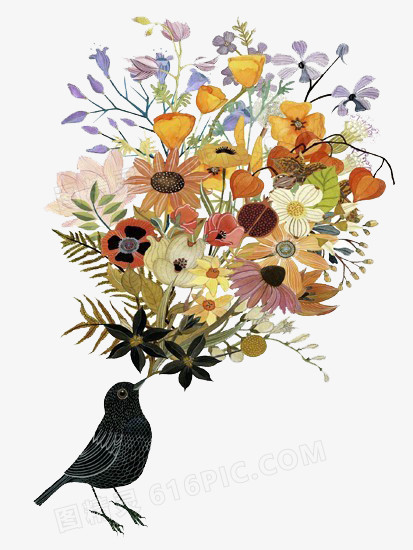 卡通鲜花素材手绘鲜花 小鸟和鲜花