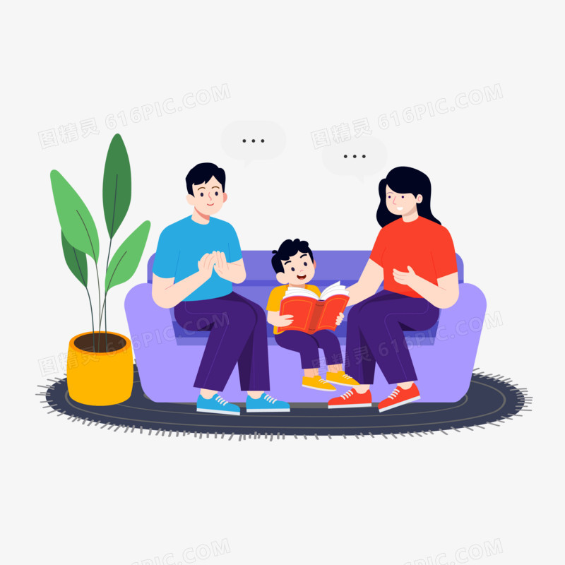 卡通手绘一家人在家一起看书讨论素材