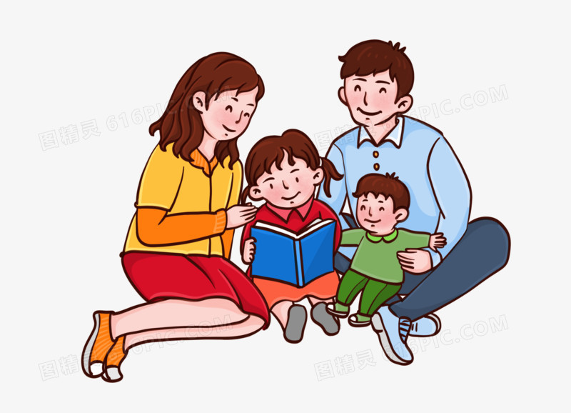 手绘卡通家长和孩子一起看书免抠元素