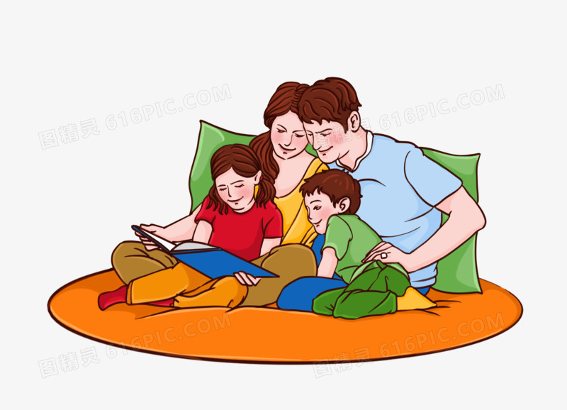 手绘卡通家长陪孩子一起阅读看书免抠元素