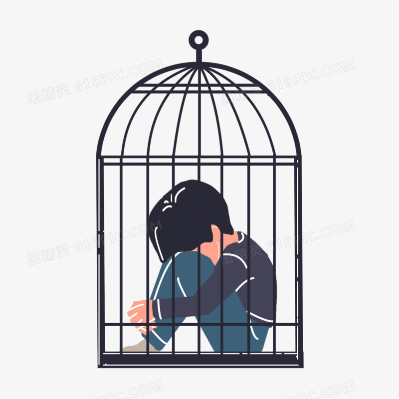 卡通手绘男孩关在笼子里创意插画元素
