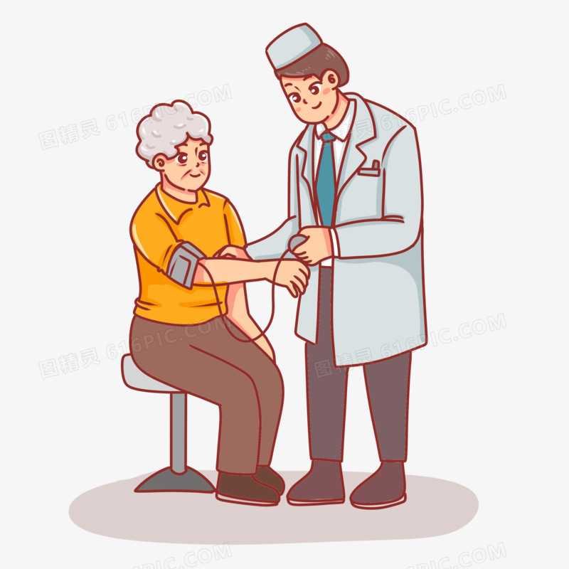 卡通手绘老年人体检量血压场景素材