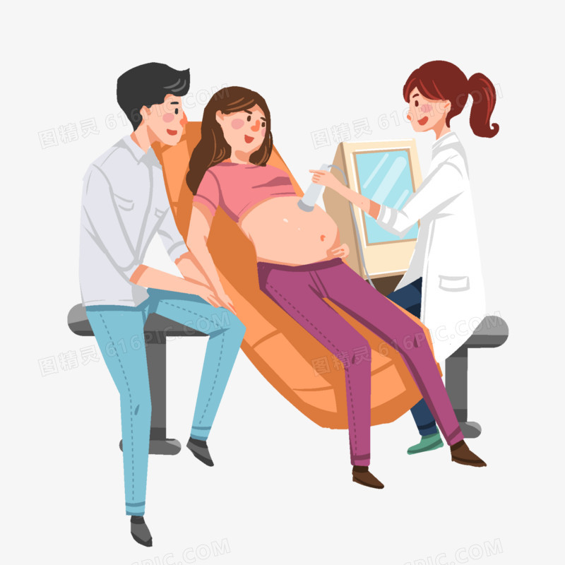 卡通手绘丈夫陪妻子孕期体检免抠元素