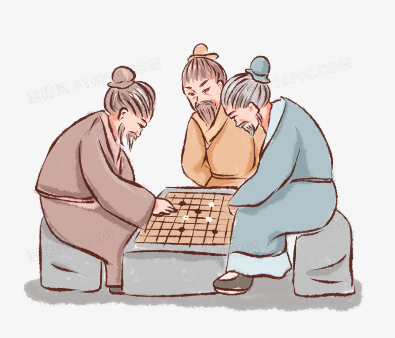 卡通手绘古人下围棋场景素材