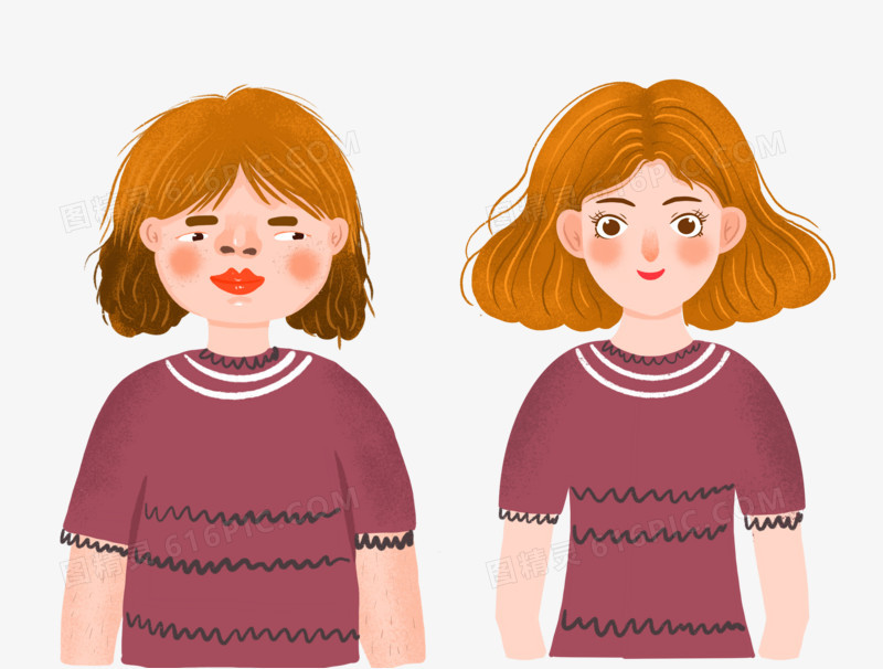 手绘卡通丑女变美插画元素