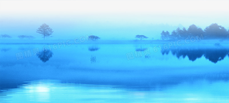 蓝色湖面树林中秋海报背景