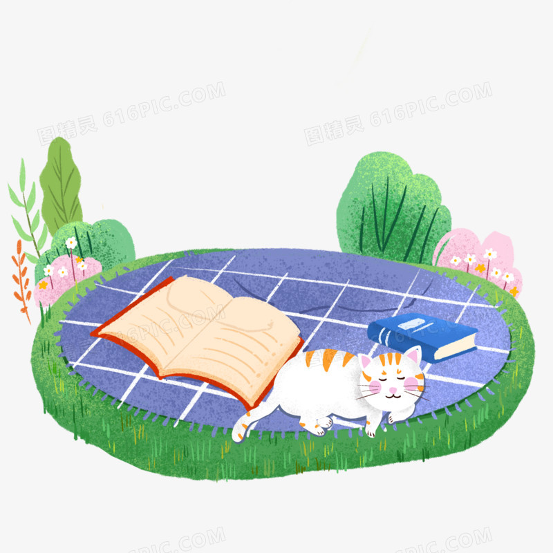 卡通手绘草坪上的书本和猫咪免抠元素
