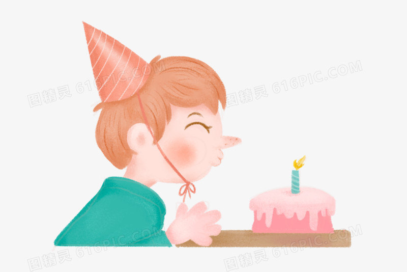卡通手绘男孩庆祝生日吹蜡烛免抠元素