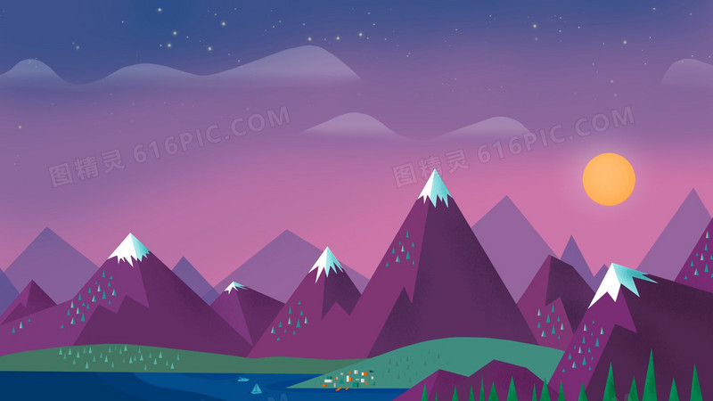 手绘卡通紫色山峰树林