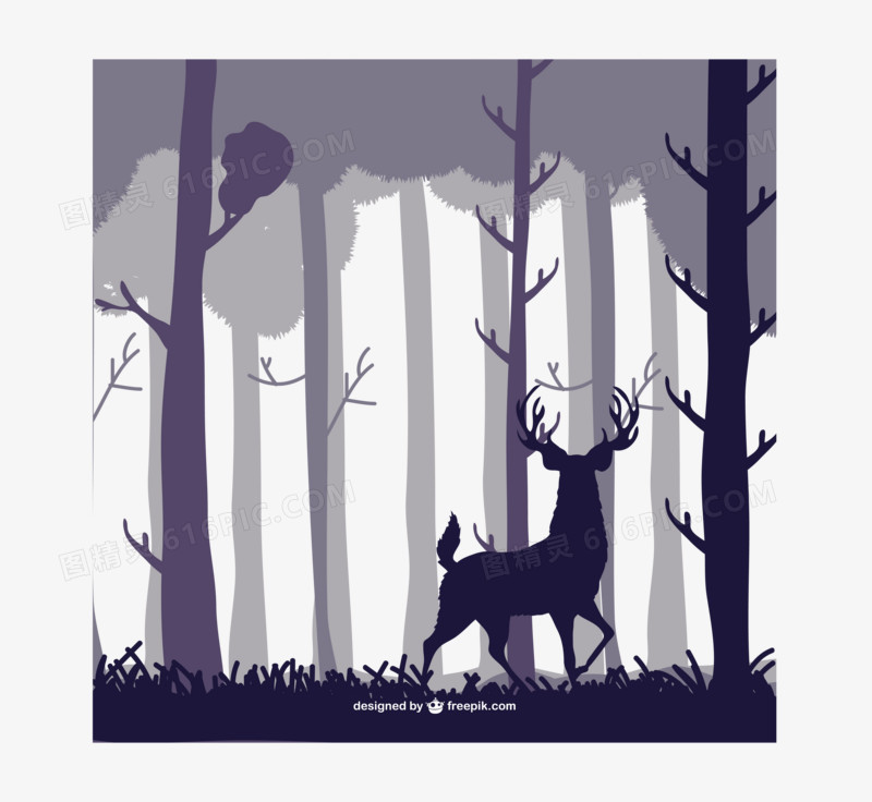 森林树木鹿 剪影插画