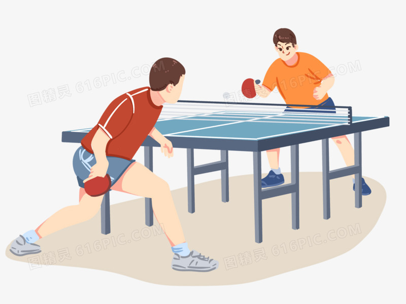 手绘卡通双人打乒乓球场景素材