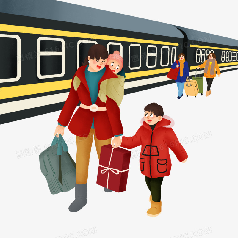 卡通手绘新年一家人坐火车春运场景免抠元素