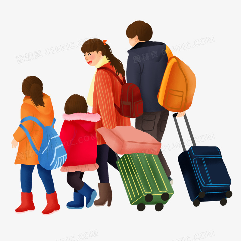 卡通手绘一家人大包小包拿着行李背影元素