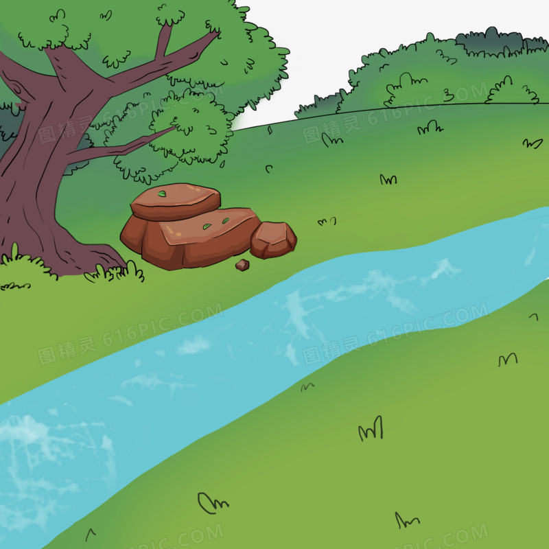 卡通手绘小溪草地河流元素