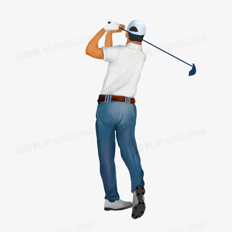 卡通手绘男子打高尔夫背影免抠元素