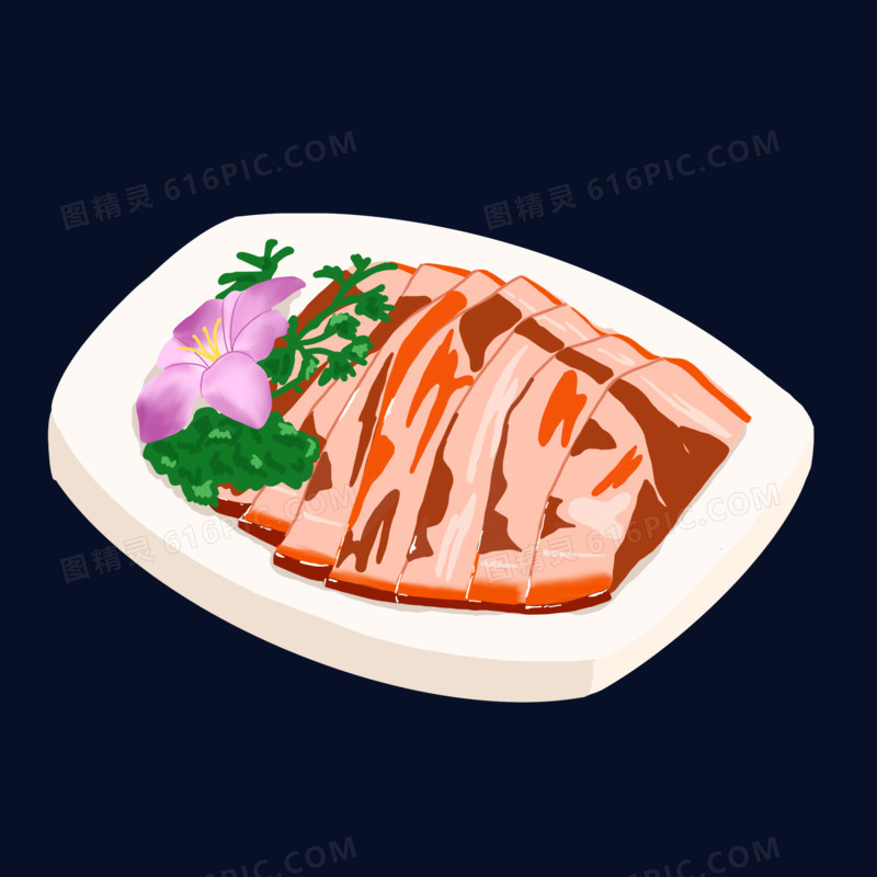 卡通手绘一盘凉拌的猪肉片元素