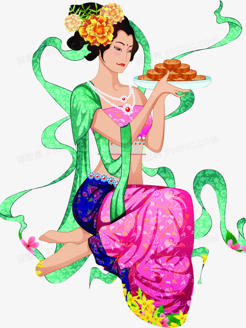 中秋节手绘绿丝带美女