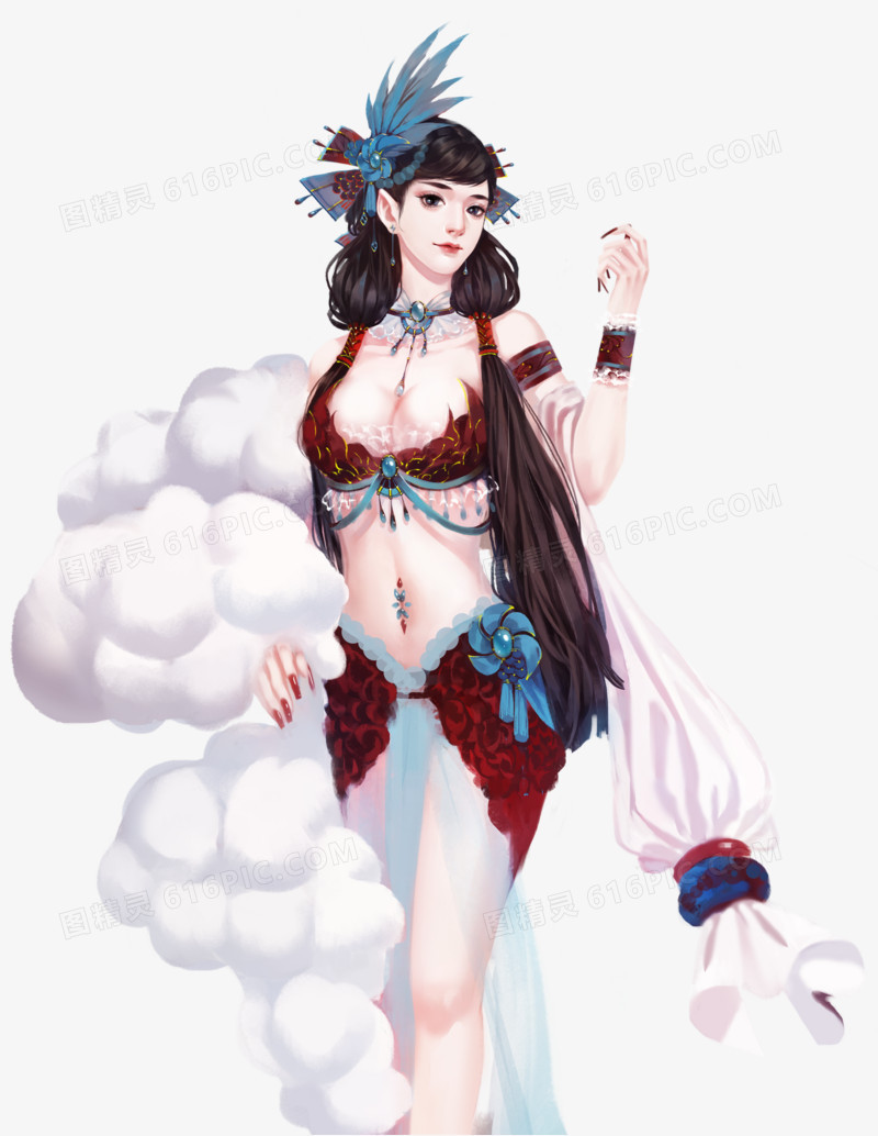 手绘卡通云朵妖艳人物美女