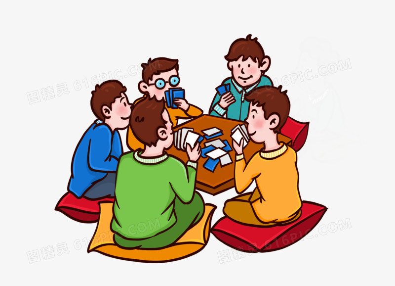 手绘卡通男生围一桌打牌场景元素