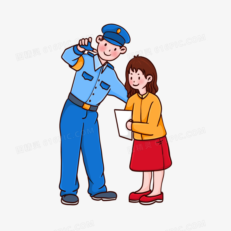 卡通手绘小女孩向警察叔叔问路免抠元素