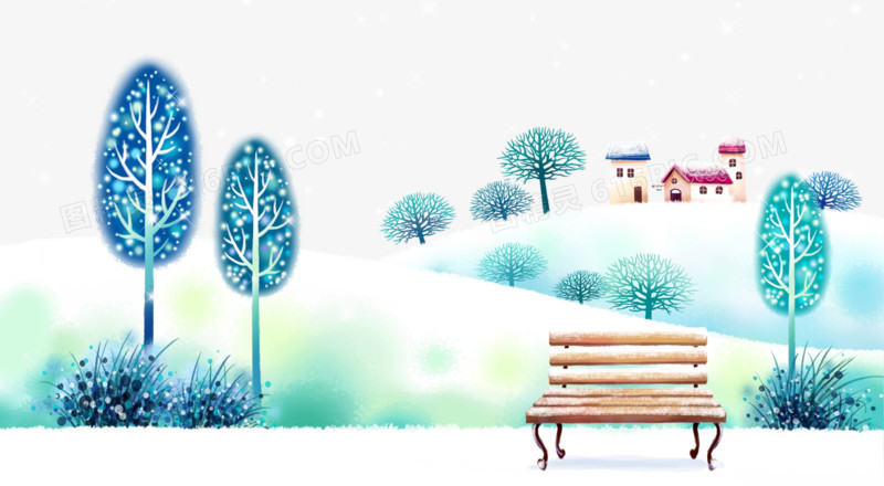 景卡通树卡通长椅卡通房子蓝色黄色图精灵为您提供冬天的景色免费下载