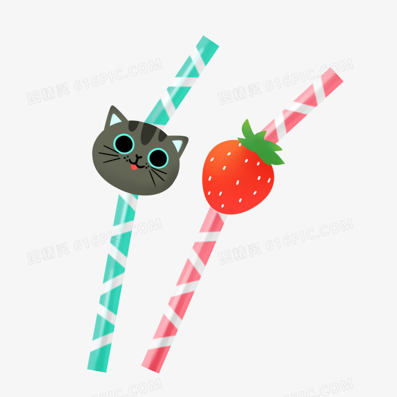 卡通手绘猫咪草莓吸管元素