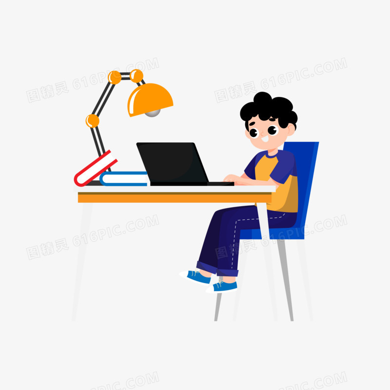 卡通手绘小男孩坐着上网课免抠元素