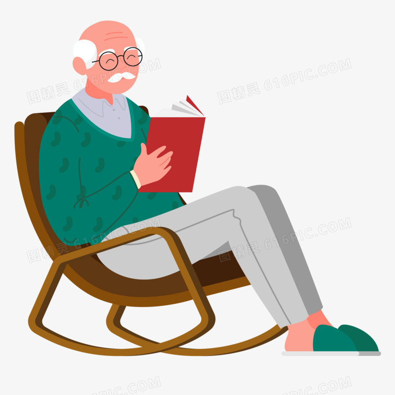 卡通手绘老爷爷坐在摇椅上看书免抠元素